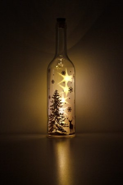Deko-Flaschenlampe Winterwald gold mit 5 LED-Lämpchen, kompl inkl Presskorken